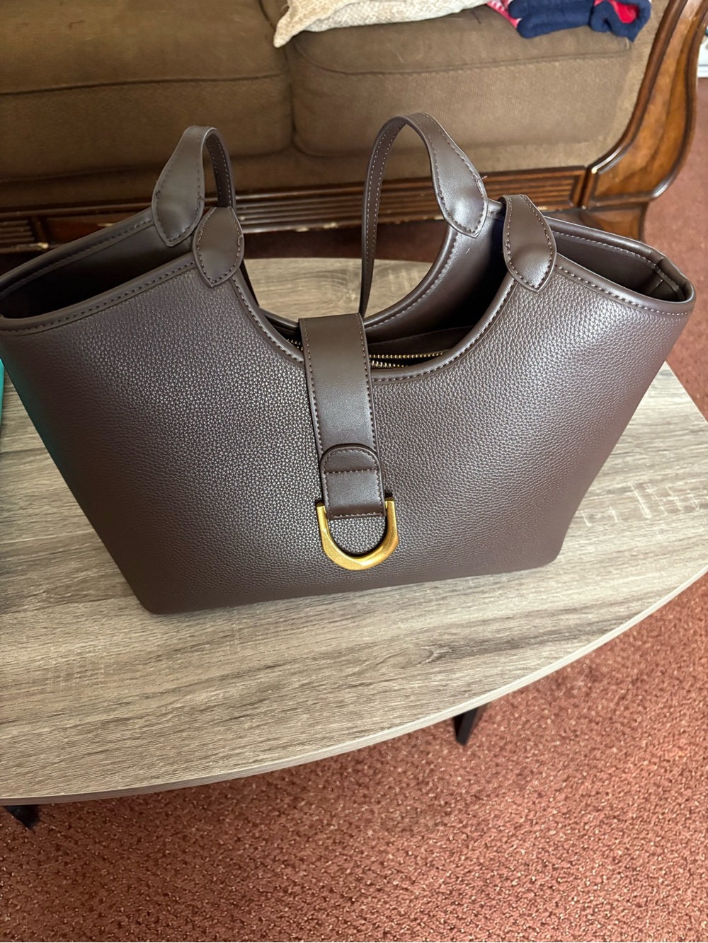 Miztique Brown Leather Tote Bag with Gold Hardware